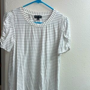 Modern Works women’s beige and grey striped,  rutched sleeves casual blouse.